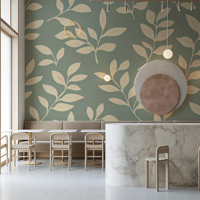 Soft Green and Beige Leaf Mural in Caf¨¦ - like Space | Modern and minimalist design