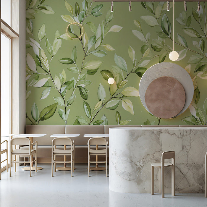 Fresh Green Leaf Mural in Caf¨¦ Space | Modern and minimalist design