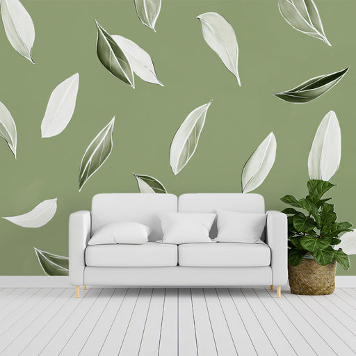 White and Green Leaf Mural in Living Room | Modern and minimalist decor
