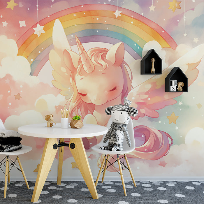 Carta da parati murale con unicorno e arcobaleno | Unicorno rosa, viola, giallo, blu e bianco