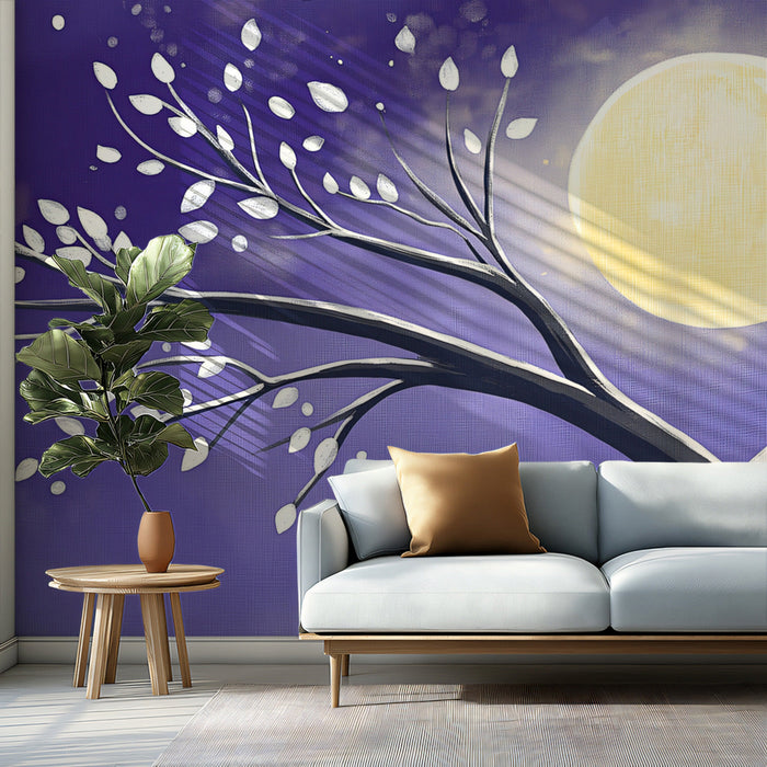 Purple Moonlit Branch Mural Wallpaper | Modern Dreamy