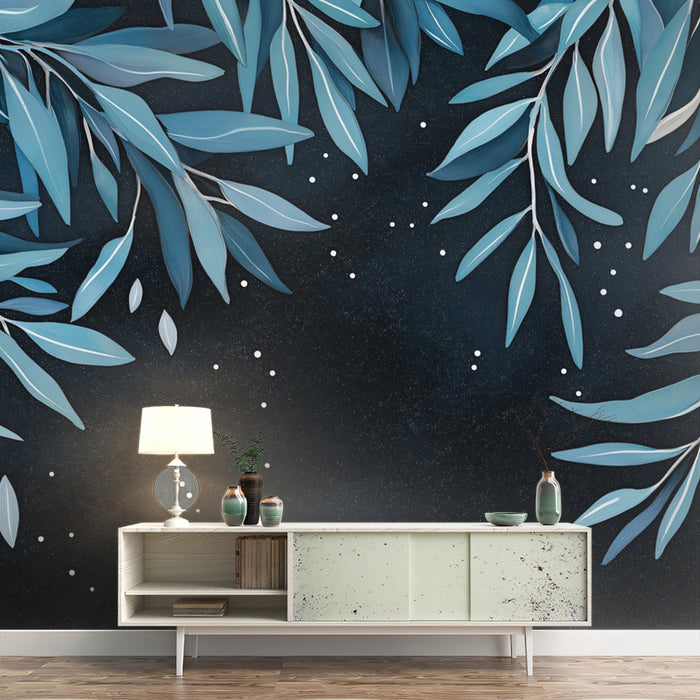 Blue Leaf Motif Mural Wallpaper | Contemporary Nature-Inspired
