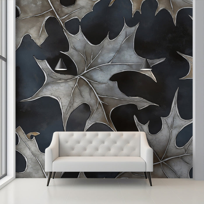 Metallic Leaf Motif Mural Wallpaper | Contemporary Elegant Decoration