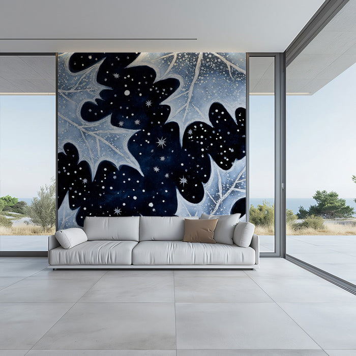 Blue Leaf Starry Mural Wallpaper | Modern Nature-Inspired Decoration