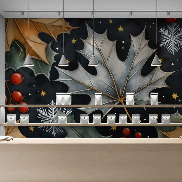 Botanical Seasonal Motif Mural Wallpaper | Festive Modern Decoration