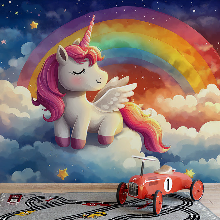 Carta da parati murale con unicorno e arcobaleno | Unicorno rosa, viola, giallo, blu e bianco -2