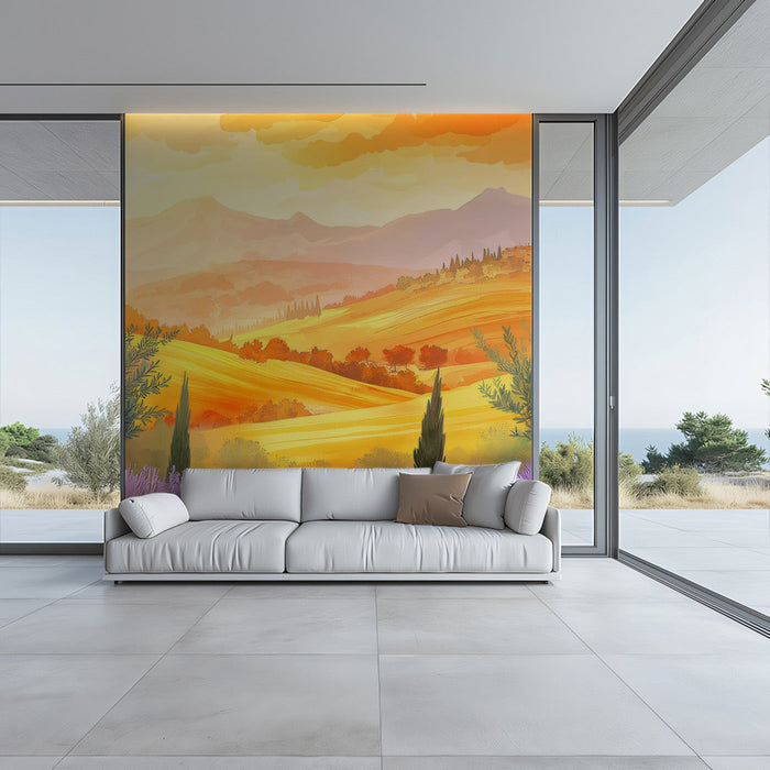 Golden Rural Landscape Mural Wallpaper | Warm Rustic Decoration