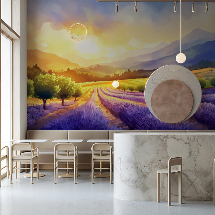 Golden Rural Landscape Mural Wallpaper | Warm Rustic Decoration