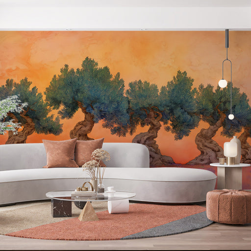 Twisted Tree Sunset Mural Wallpaper | Warm Nature Decoration Decoration