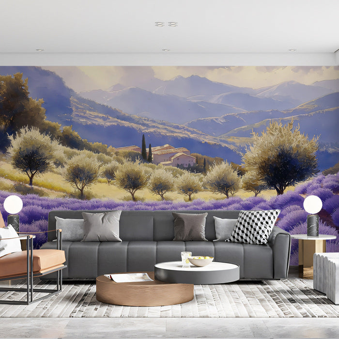 Lavender Hill Landscape Mural Wallpaper | Rustic Serene Decoration