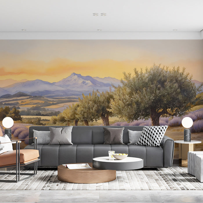 Olive Tree Mountain Landscape Mural Wallpaper | Tranquil Rustic Decoration