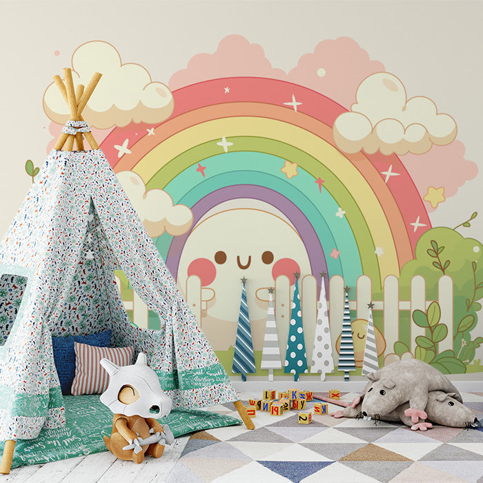Papel tapiz mural de arco iris y nubes con valla | Arco iris rosa verde azul amarillo y blanco