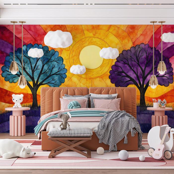 Sunny Whimsical Tree Mural Wallpaper | Playful Kids