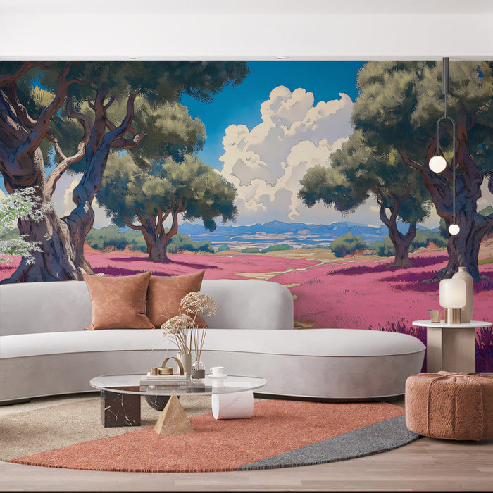 Pink Purple Field Tree Mural Wallpaper | Dreamy Nature Decoration