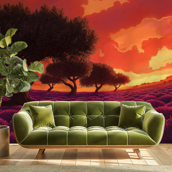 Sunset Lavender Field Mural Wallpaper | Romantic Warm Decoration
