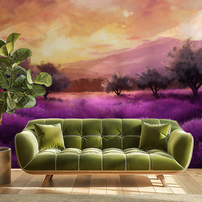 Purple Flower Mountain Landscape Mural Wallpaper | Fresh Natural Decoration