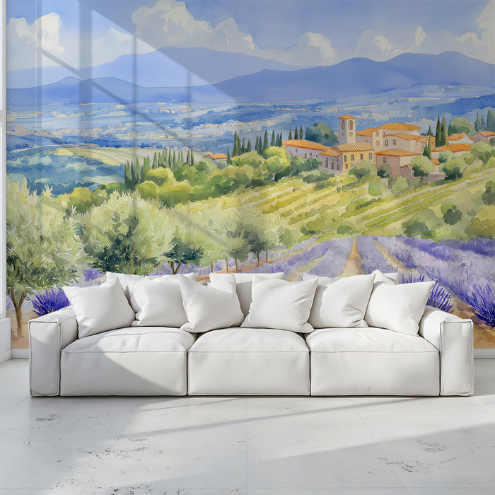 Blue Purple Scenic Mural Wallpaper | Watercolor Artistic Decoration