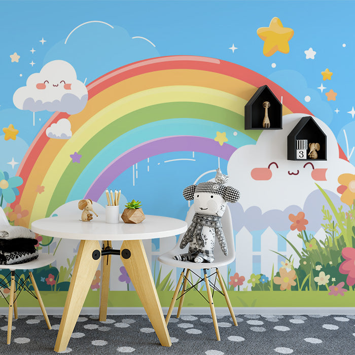 Papier peint mural arc-en-ciel et nuages avec clôture | Arc-en-ciel rose, vert, bleu, jaune et blanc -1
