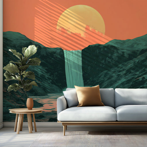 Mountain Waterfall Sunset Mural Wallpaper | Modern Nature Decoration