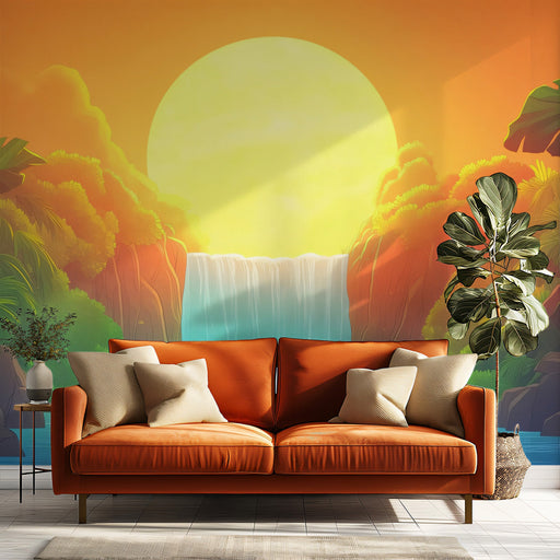 Mountain Waterfall Sunset Mural Wallpaper | Modern Nature Decoration