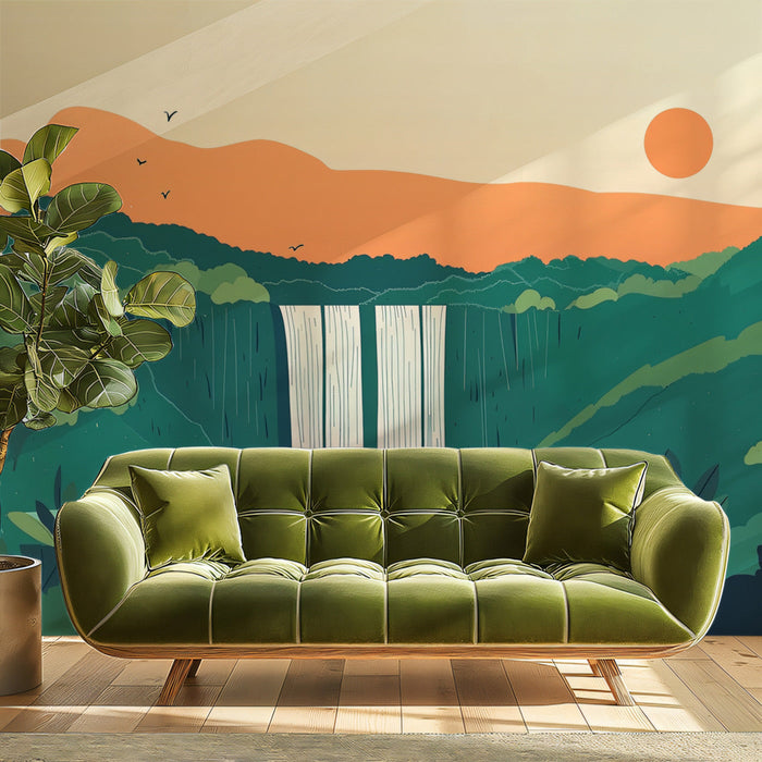 Mountain Sunset Waterfall Mural Wallpaper | Modern Nature Decoration