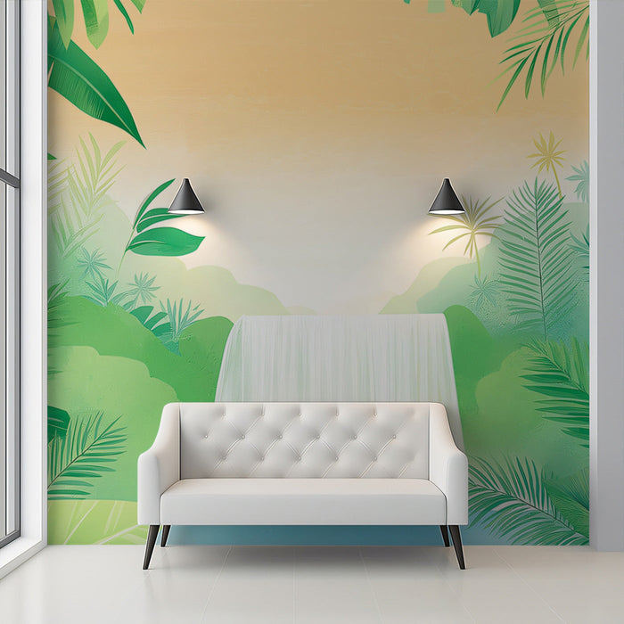 Soft Jungle Waterfall Mural Wallpaper | Gentle Tropical Decoration