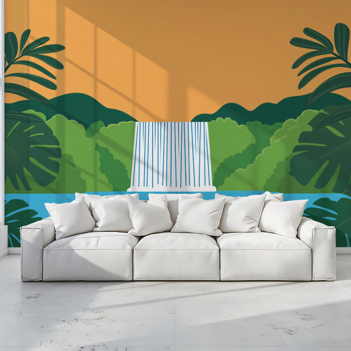 Soft Jungle Waterfall Mural Wallpaper | Gentle Tropical Decoration