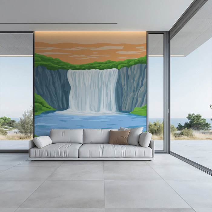 Coastal Waterfall Scenic Mural Wallpaper | Contemporary Coastal