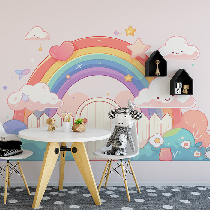 Papier peint mural arc-en-ciel et nuages avec clôture | Arc-en-ciel rose, vert, bleu, jaune et blanc -2
