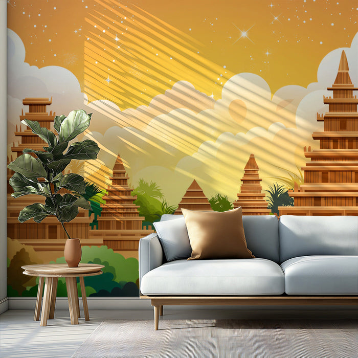 Temple Sunset Scenic Mural Wallpaper | Exotic Warm Decoration