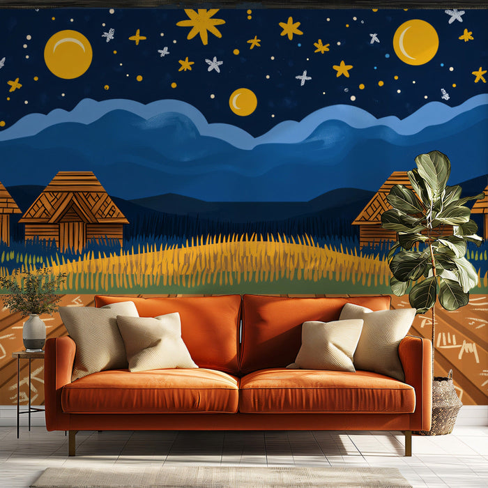 Night Village Starry Mural Wallpaper | Rustic Natural Decoration