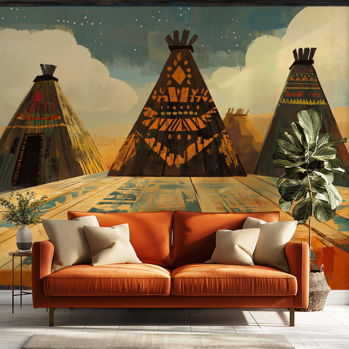 Teepee Tribal Scene Mural Wallpaper | Rustic Cultural