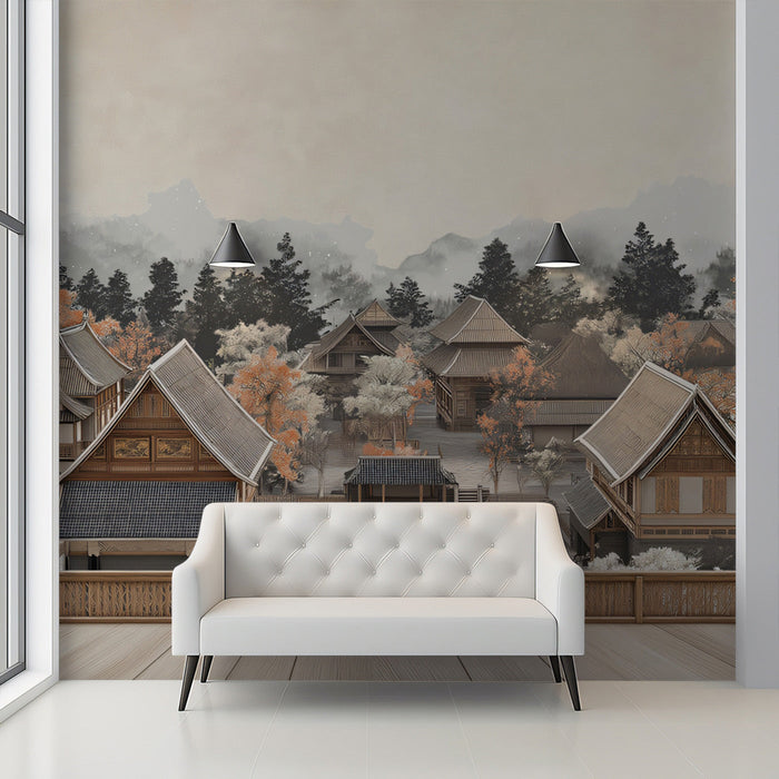 Traditional Asian Village Mural Wallpaper | Serene Cultural Decoration