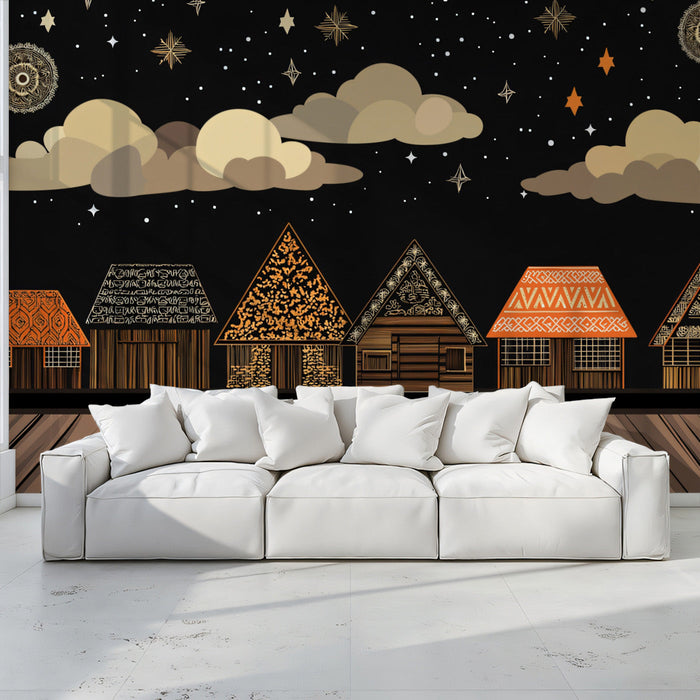 Night Village Star Pattern Mural Wallpaper | Whimsical Rustic Decoration