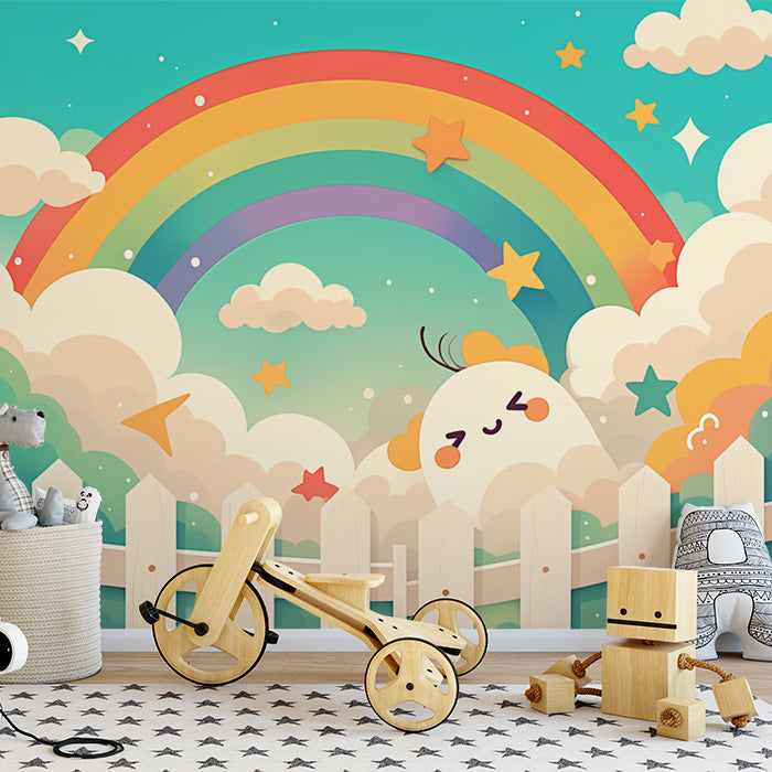 Papier peint mural arc-en-ciel et nuages avec clôture | Arc-en-ciel rose, vert, bleu, jaune et blanc -3