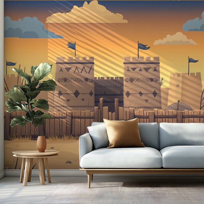 Fortress Sunset Scene Mural Wallpaper | Bold Cultural Decoration