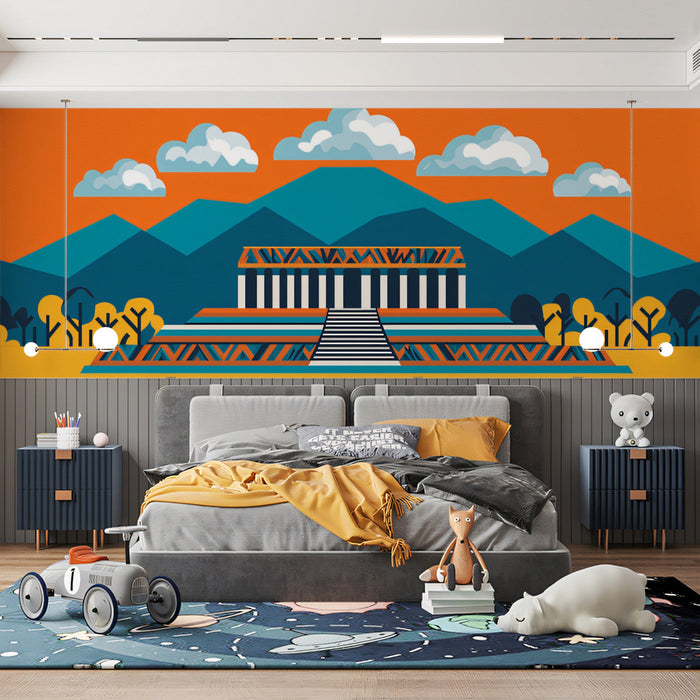 Ancient Temple Geometric Mural Wallpaper | Vibrant Cultural Decoration