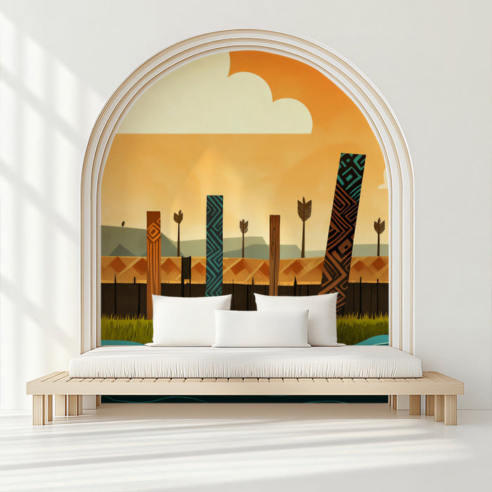 Tribal Totem Sunset Mural Wallpaper | Rustic Cultural Decoration