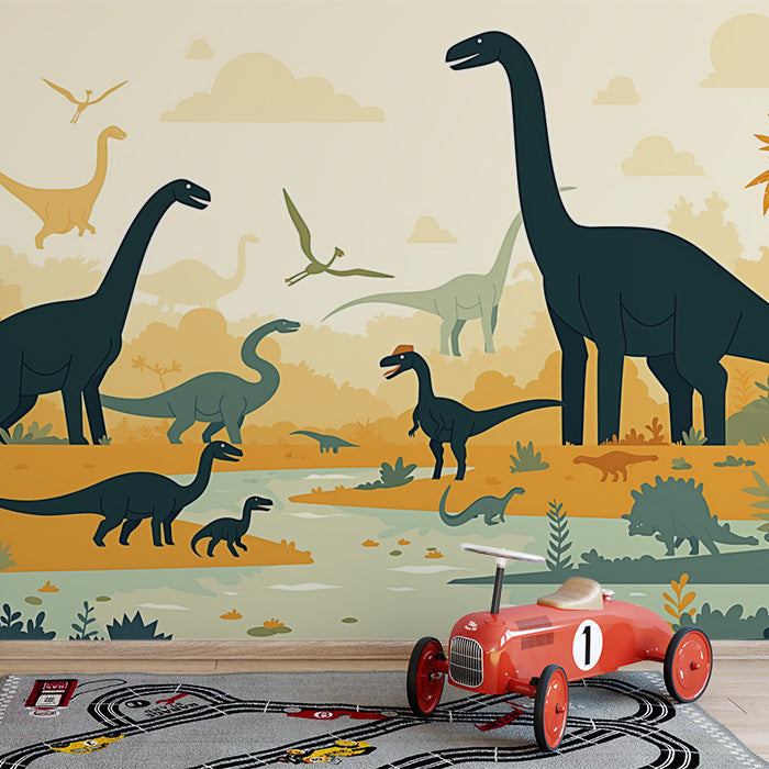 Carta da parati murale paesaggio di dinosauro | Giallo verde blu e marrone dinosauro