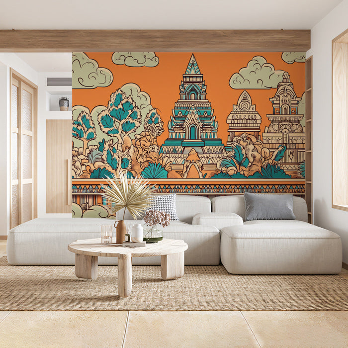 Temple Complex Mural Wallpaper | Cultural Artistic Decoration