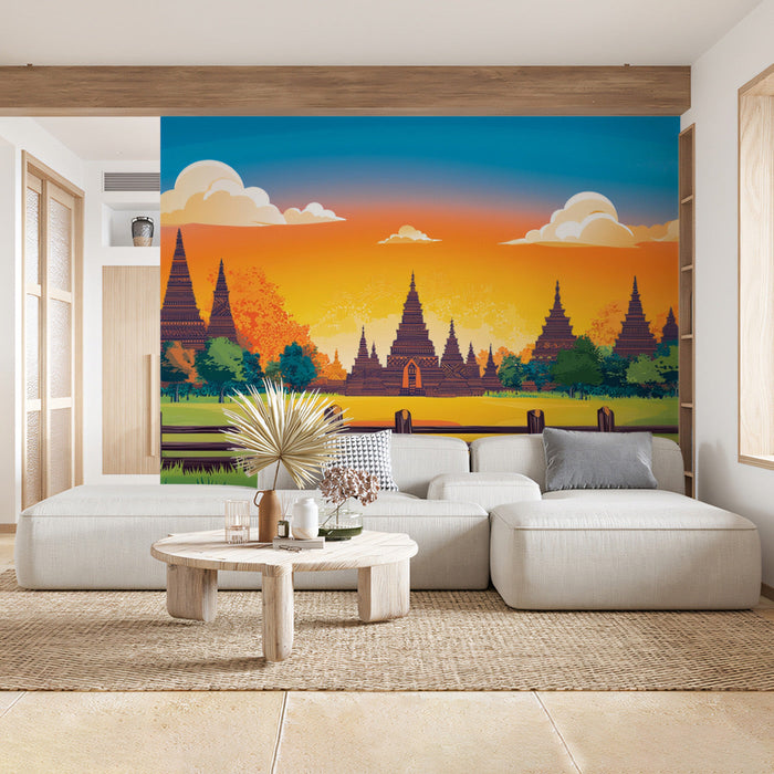 Pagoda Sunset Mural Wallpaper | Serene Decoration