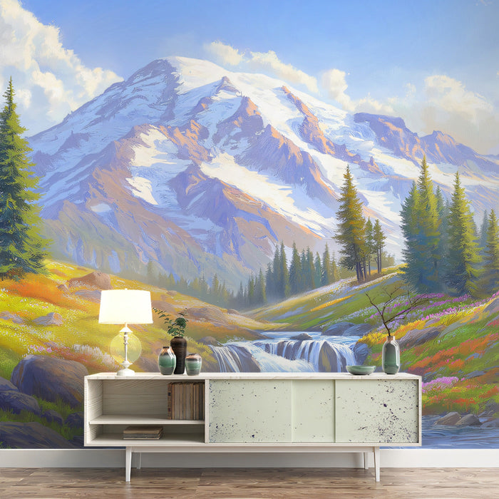 Snow-Capped Mountain Mural Wallpaper | Alpine Serene Decoration