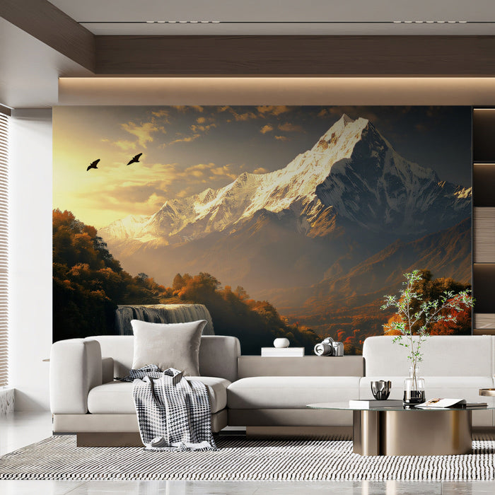 Sunset Mountain Birds Mural Wallpaper | Majestic Natural Decoration
