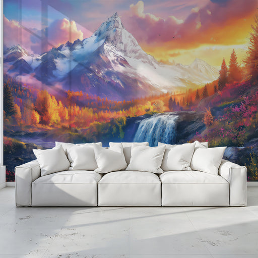 Vibrant Mountain Waterfall Mural Wallpaper | Lively Scenic Decoration