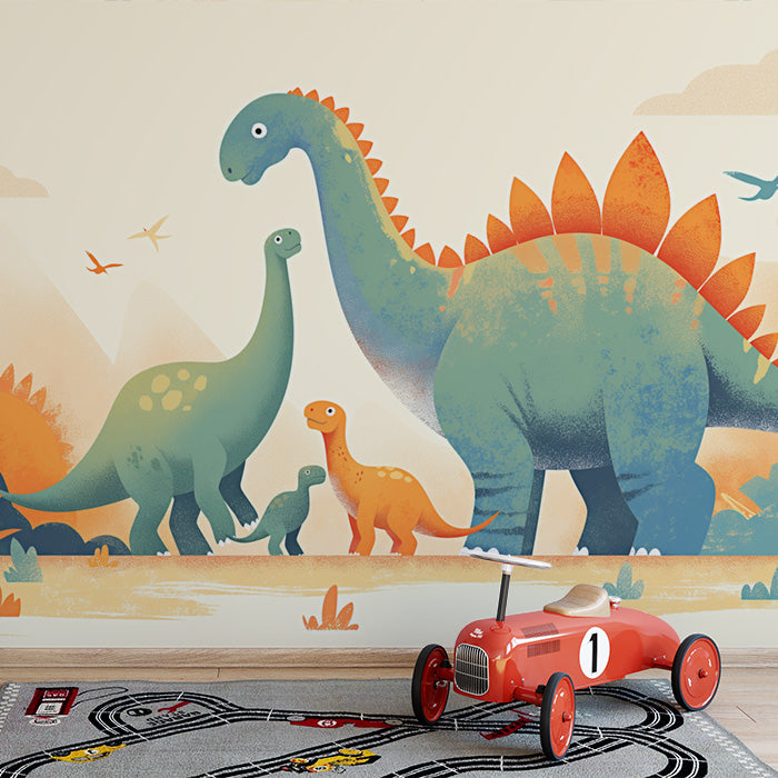 Carta da parati murale paesaggio di dinosauro | Giallo, verde, blu e marrone dinosauro -1