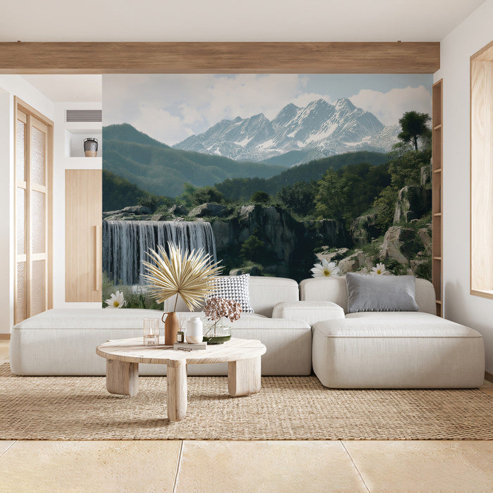 Waterfall Mountain Greenery Mural Wallpaper | Serene Natural Decoration