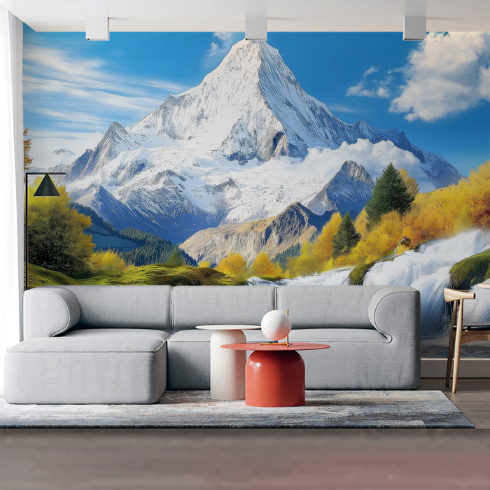 Snow-Capped Mountain Scenic Mural Wallpaper | Majestic Natural Decoration