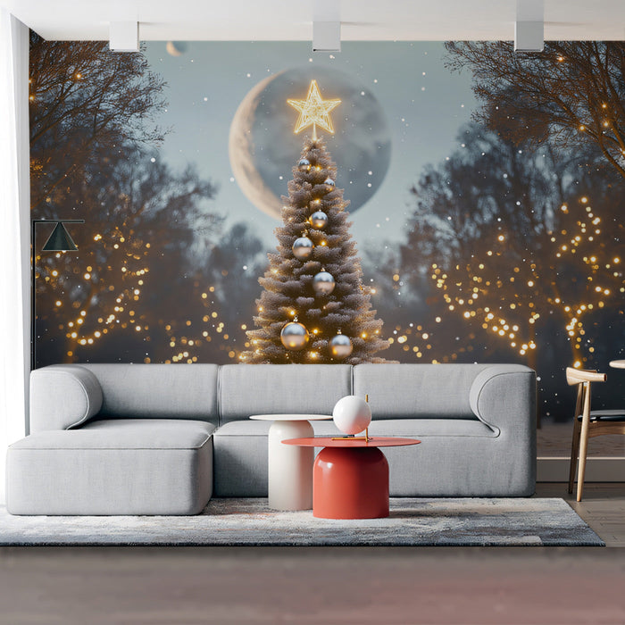 Christmas Tree Moonlit Mural Wallpaper | Festive Cozy Decoration