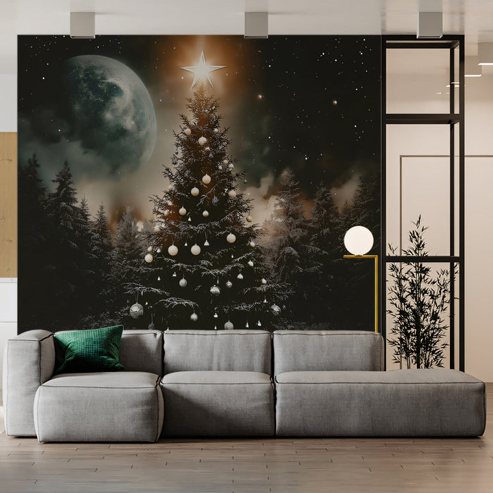 Christmas Tree Moonlit Mural Wallpaper | Festive Cozy Decoration