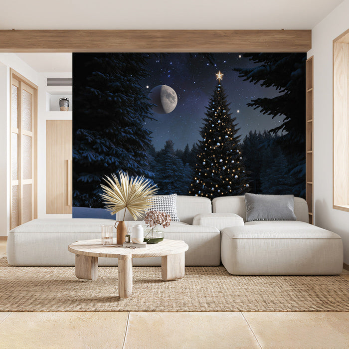 Christmas Tree Moonlit Mural Wallpaper | Festive Cozy Decoration